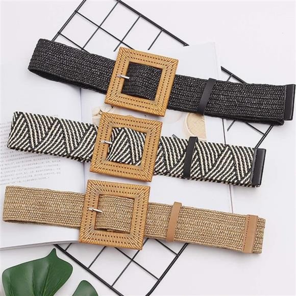 Women Skinny Dress Belt, Fashion Straw Woven Elastic Stretch Waist Band Wood main image 7
